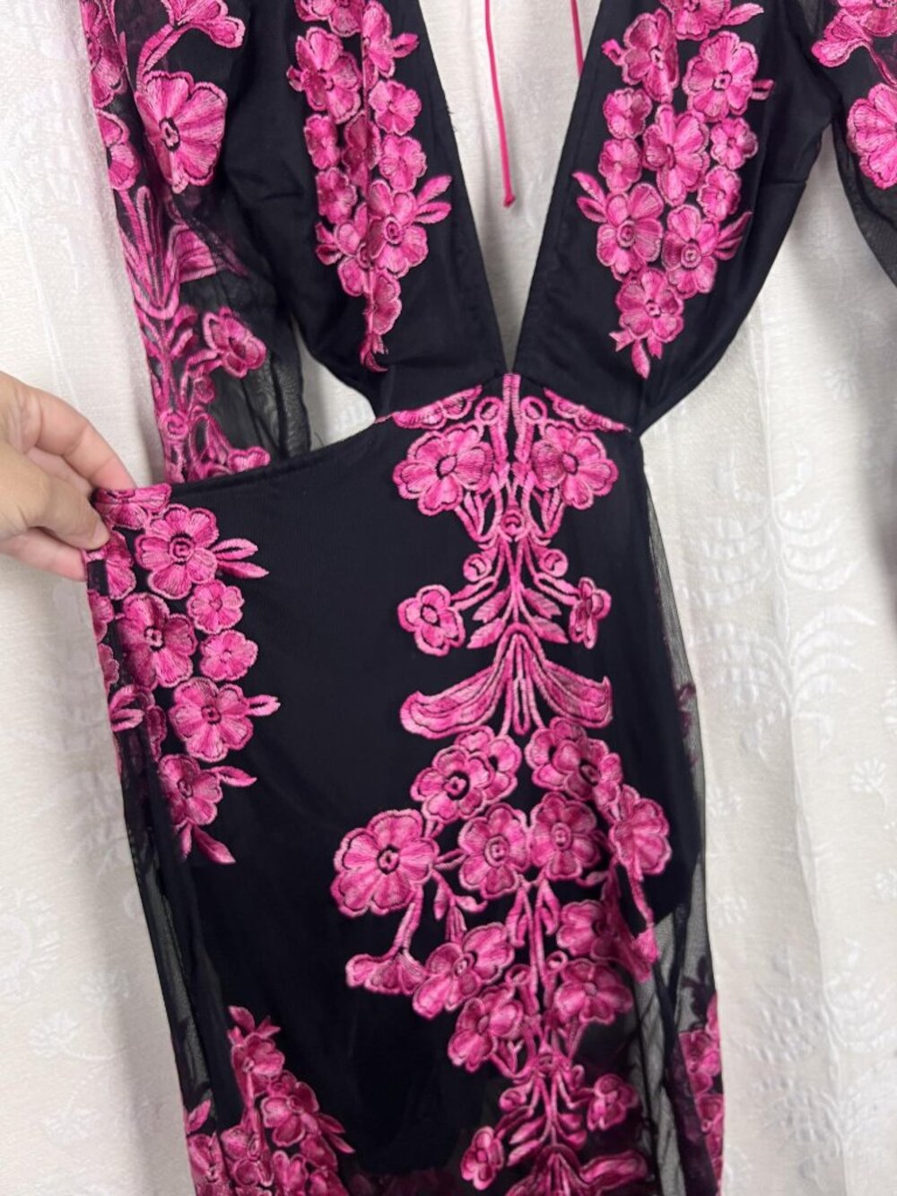 NEW For Love & Lemons Temecula Cut-Out Embroidered Lace Maxi Dress Sheer pink L - Picture 5 of 11